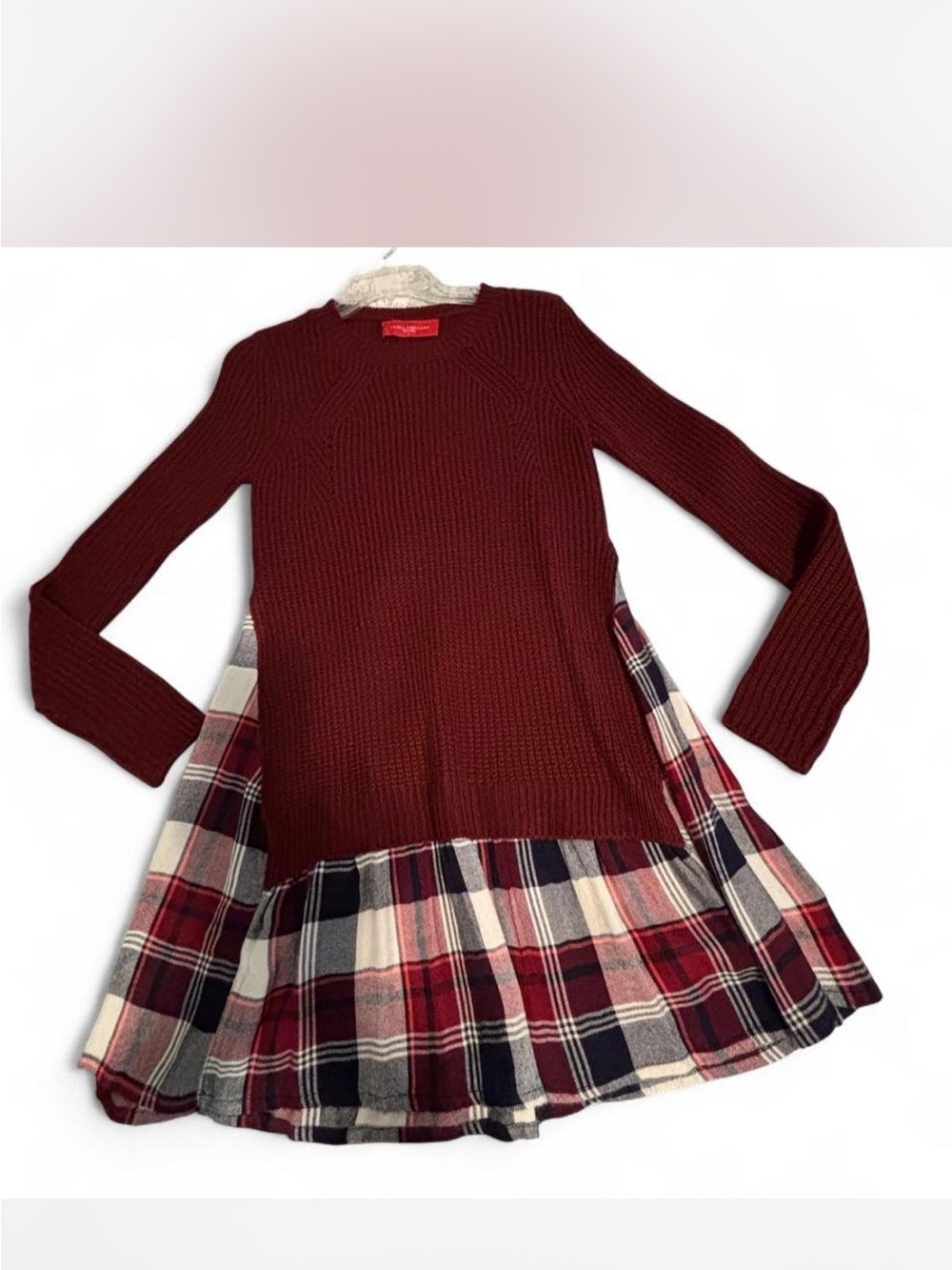 AKIRA sz Small Burgundy sweater mixed media plaid mini dress long sleeve indie